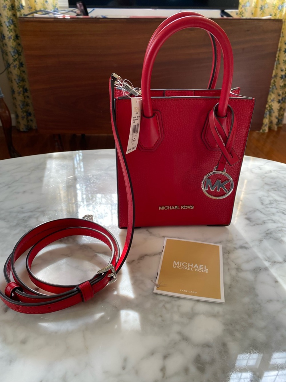 Michael Kors Mercer Bright Red Pebbled Leather XS Shopper XBody with MK Charm